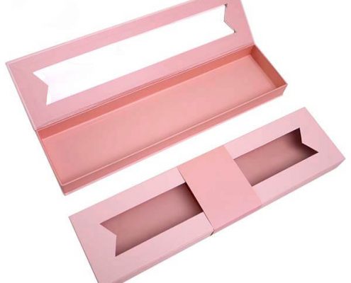 Pink rigid hair extension box with PVC window and magnetic closure