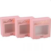 Custom nail polish set box with clear window display, highlighting the vibrant polishes inside.