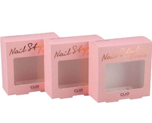 Custom nail polish set box with clear window display, highlighting the vibrant polishes inside.