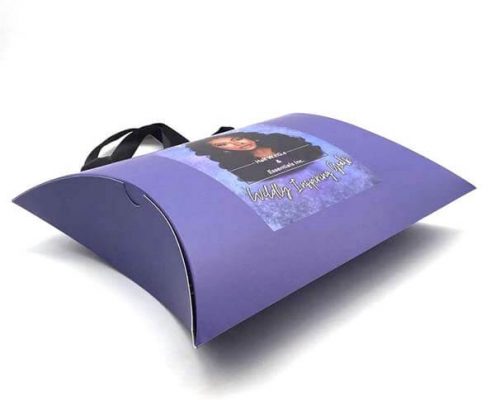 Purple custom pillow box with ribbon handle and custom printing for hair extensions