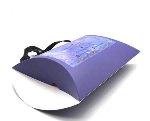 Purple custom pillow box with easy-to-open notch and hanging hole for hair extension packaging