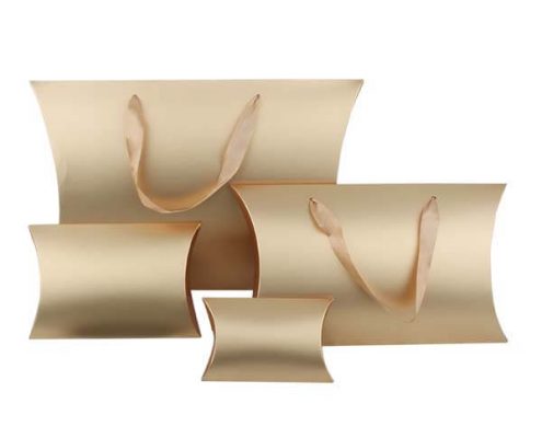 Gold custom pillow boxes with ribbon handles for luxury hair extension packaging