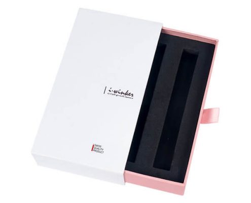 Custom essential oil packaging box with a durable drawer-style design and ribbon handle.