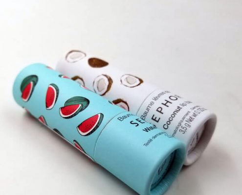 Eco-conscious lip balm containers with custom-printed paper outer tubes – Lip balm packaging featuring a plastic twist-up tube inside a fully customizable paper tube.