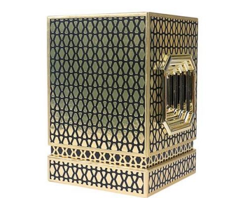 Durable perfume packaging box with sleek gold and black pattern.