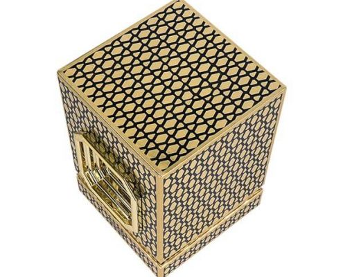 Gold-accented luxury perfume box with customizable foam insert.