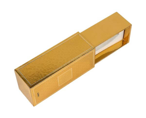 Open gold perfume packaging box with foam insert for bottle protection