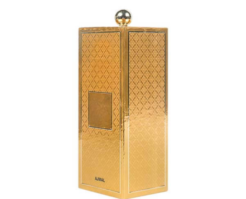 Rigid perfume packaging box with metallic gold finish and premium feel