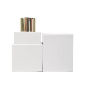 Elegant empty lipstick tube design combining a white cardboard body with a durable plastic mechanism.