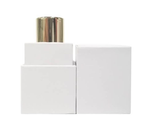 Elegant empty lipstick tube design combining a white cardboard body with a durable plastic mechanism.