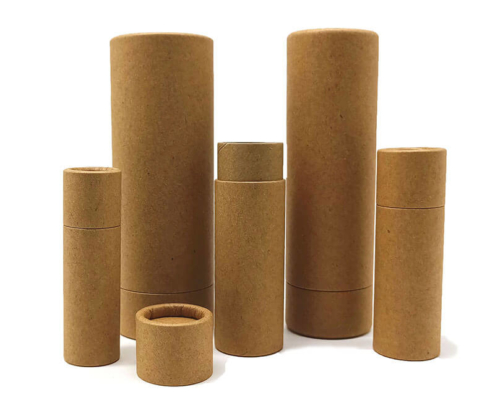 Eco-friendly cardboard lip balm tubes in multiple sizes for custom sustainable branding