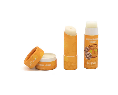 Plastic-free paper lip balm tubes featuring customizable branding and foil stamping options."