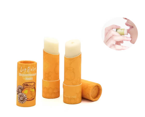 Biodegradable paper lip balm tubes with branding options like embossing and Spot UV finishes.