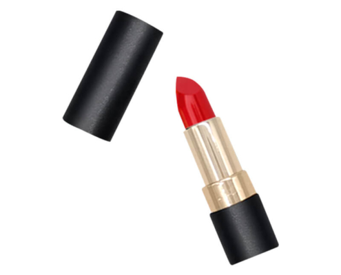 Matte black lipstick tube with a gold twist-up mechanism and red lipstick bullet, ideal for premium cosmetic packaging.