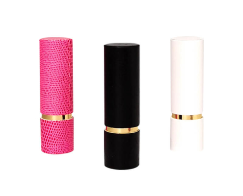 Set of pink, black, and white lipstick tubes featuring luxurious fancy paper textures and gold accents, available for wholesale.