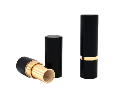 High-end black lipstick tubes with gold inner components and customizable fancy paper exteriors, perfect for wholesale packaging.