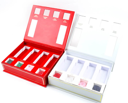 Luxury red and white rigid perfume sampler boxes with custom inserts and windows for showcasing sample vials.