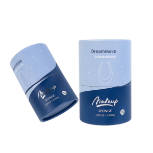 Blue and navy eco-friendly paper tube packaging for a beauty blender with the “DreamMake” logo, offering a sleek and sustainable design.