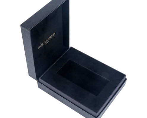 Open luxury perfume box with black leather-like finish and EVA foam insert