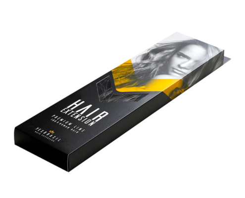 Hair extension box with sleek black and yellow design, showcasing premium packaging.