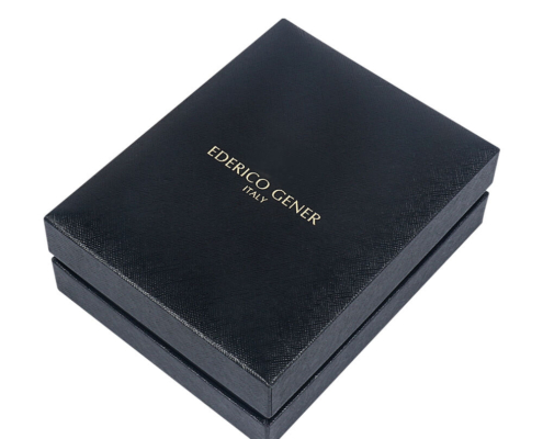 Closed luxury perfume box with "Ederico Gener Italy" embossed in gold foil on the lid