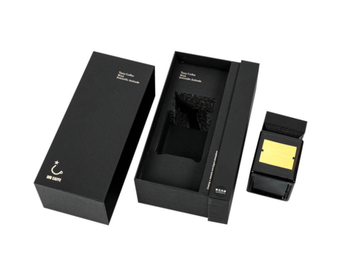 Black rigid drawer box with EVA foam insert removed, highlighting protective interior and luxury reed diffuser box packaging features.