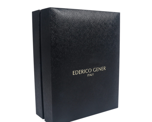 Luxury perfume box standing upright with sleek black finish and gold lettering