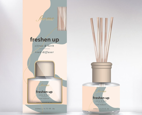 Reed diffuser packaging for rosemary scent, with open window design.