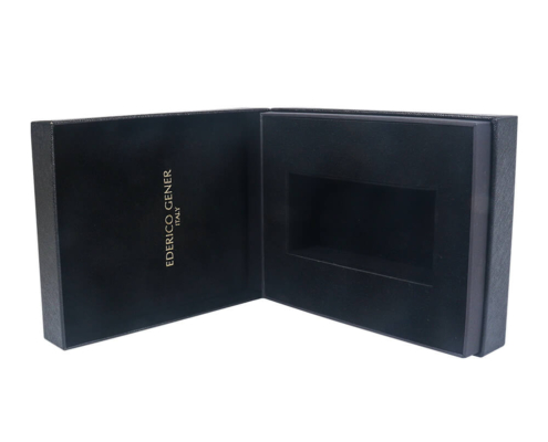 Inside view of luxury perfume box with deep EVA foam insert for securing perfume bottle