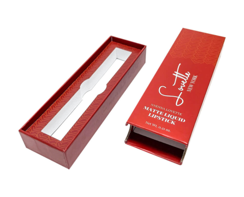 Red rigid lipstick box with foam insert and easy-open drawer design.