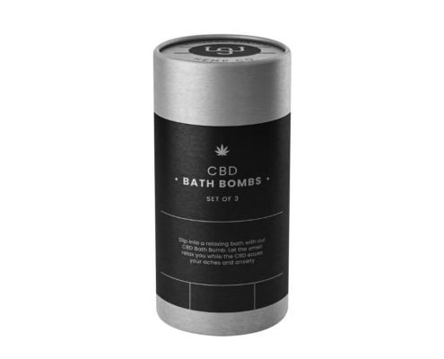 Tall cylindrical CBD bath bomb box set for three, featuring premium black and silver tones.