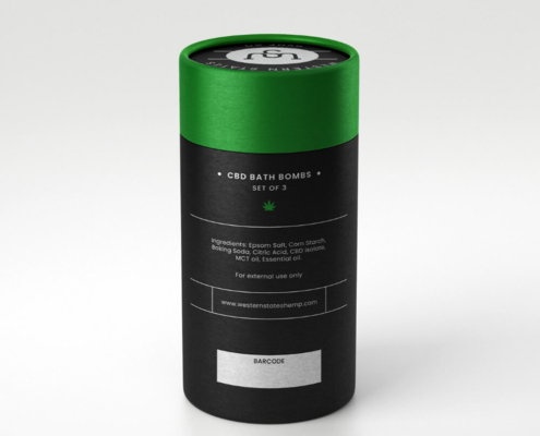 Custom black and green paper tube packaging for CBD bath bombs, showcasing product ingredients and branding details.