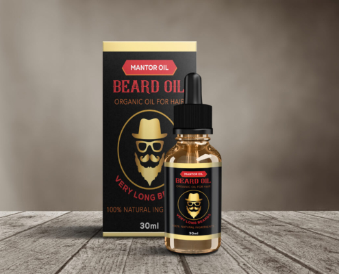 Sleek beard oil packaging with bold gold and black design, showcasing a "Mantor Oil" bottle with a dropper cap and premium branding details.