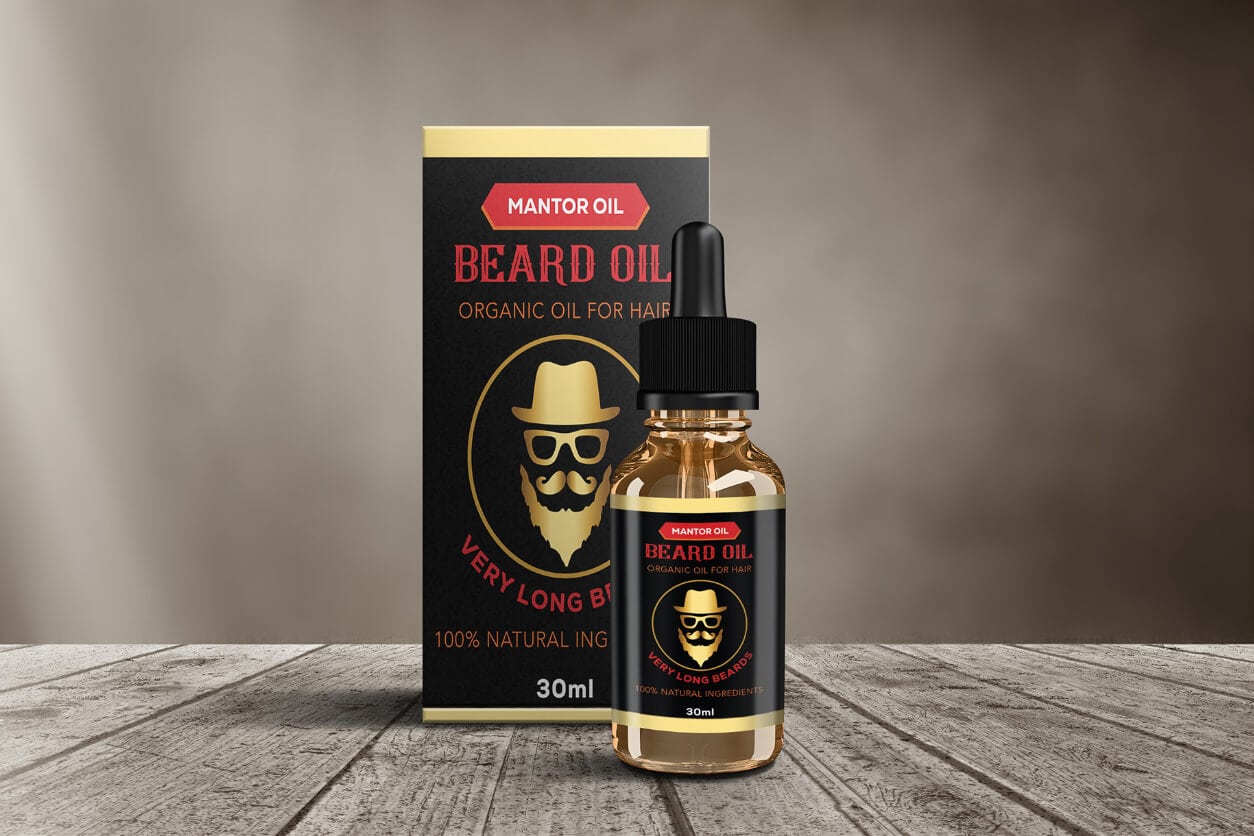 Sleek beard oil packaging with bold gold and black design, showcasing a "Mantor Oil" bottle with a dropper cap and premium branding details.