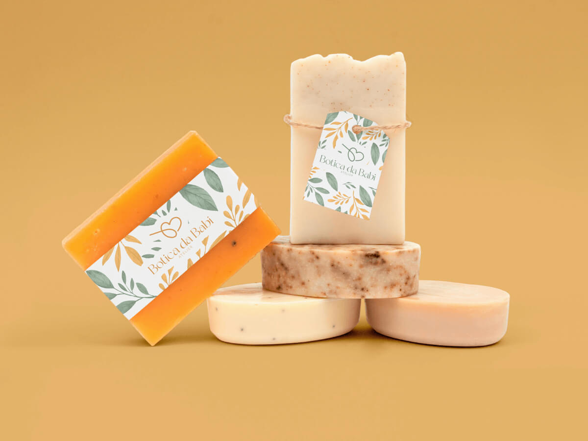 Colorful soap sleeves highlighting product details and branding.