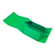 Flat-packed green collapsible rigid box, demonstrating its space-saving and easy-to-assemble design.