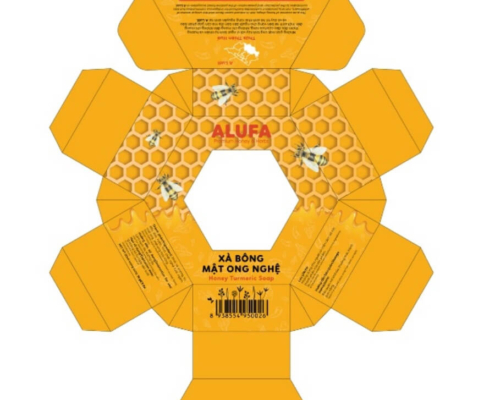 Unfolded hexagon soap box template with a honeycomb pattern.