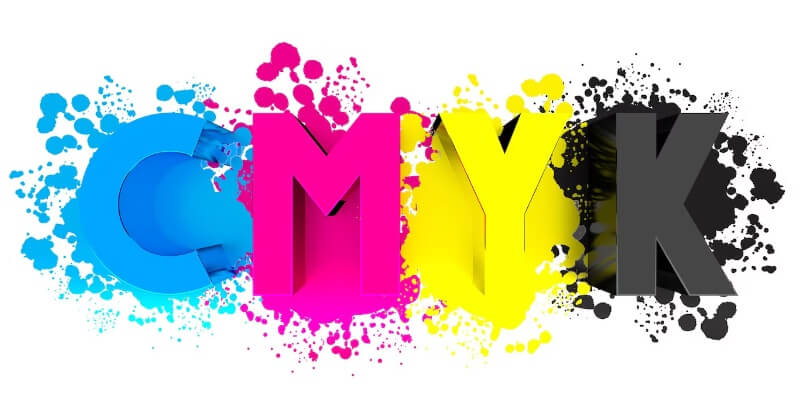 CMYK color model letters with ink splashes representing full-color printing for packaging