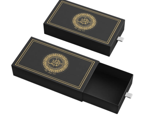 Elegant black drawer box with intricate gold pattern – A luxurious black sliding box with gold detailing on the cover, ideal for premium packaging needs.