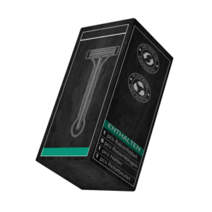 Black eco-friendly razor packaging box with plastic-free certification and minimal line art of a razor.