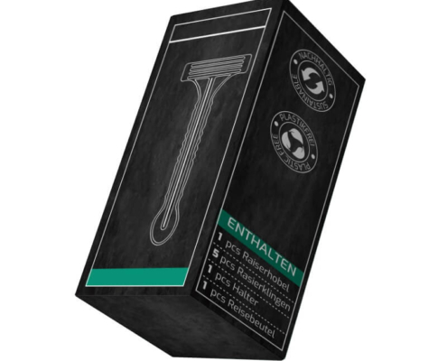 Black eco-friendly razor packaging box with plastic-free certification and minimal line art of a razor.