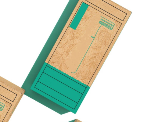 Top-down view of brown kraft razor packaging featuring sustainable leaf-pattern design.