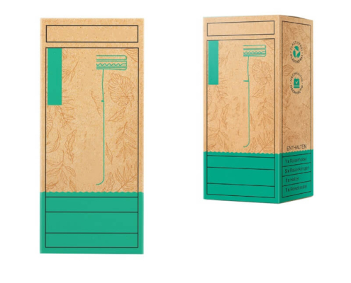 Two eco-friendly razor packaging boxes showcasing custom kraft design and bold green elements.