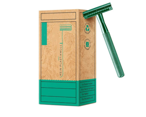 Razor box set with natural brown kraft material and dual-tone green and red custom prints.