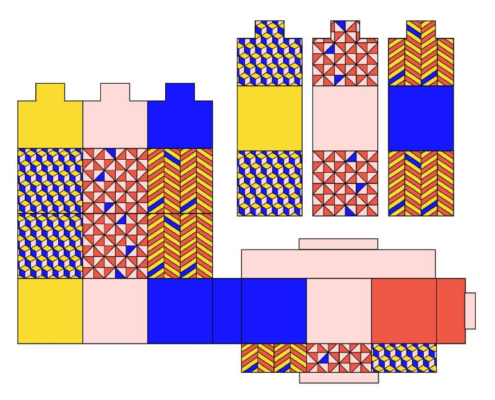 Unfolded layout of geometric bath bomb box design, featuring bold colors and intricate patterns for customization.