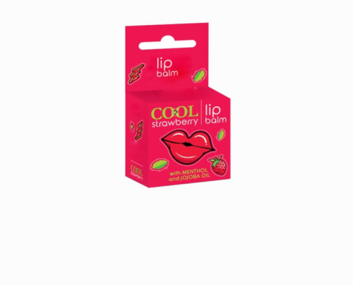 Vibrant pink custom lip balm box with strawberry-themed graphics and a functional hang hole for retail display.