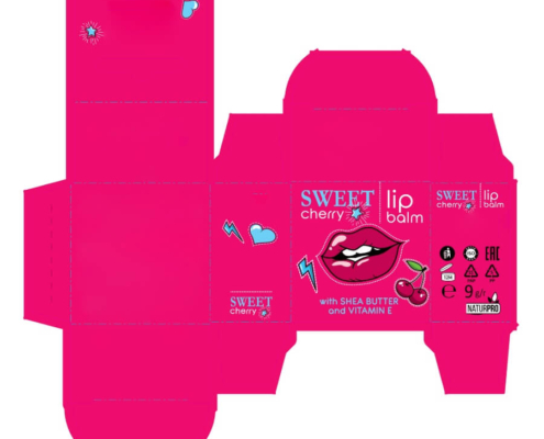 Flat layout design of a cherry-themed custom lip balm box with visible folds and detailed branding elements.