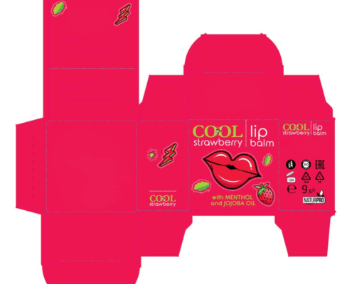 Flat layout design of a strawberry-themed custom lip balm box highlighting colorful graphics and eco-friendly features.