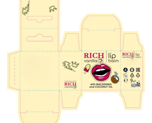 Flat layout of a vanilla-themed custom lip balm box with sleek design and branding ready for assembly.