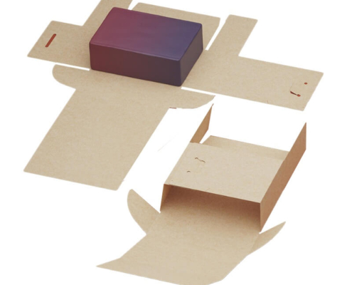 Unfolded die-cut layout of a customized soap box made with recyclable kraft material, highlighting its efficient flat shipping feature.